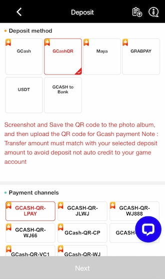 Step 2: Please choose the deposit method via GCashQR