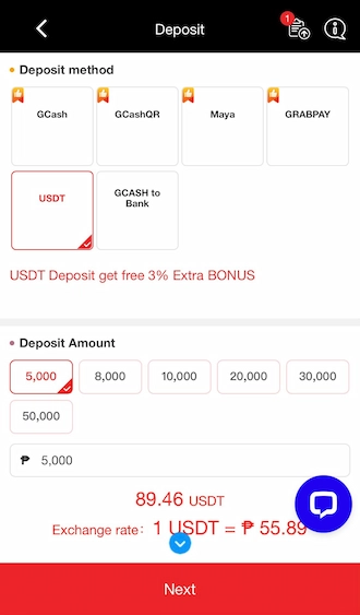 Step 1: Select the USDT deposit method and select the amount you want to deposit