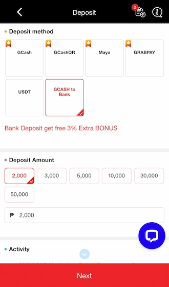 Step 1: Select the GCash to Bank deposit method and select the deposit amount