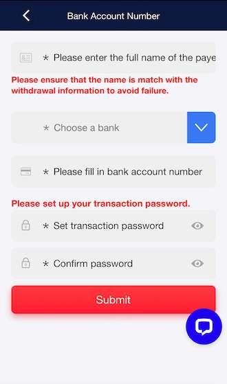 Step 3: Fill in your bank account information and create a withdrawal password